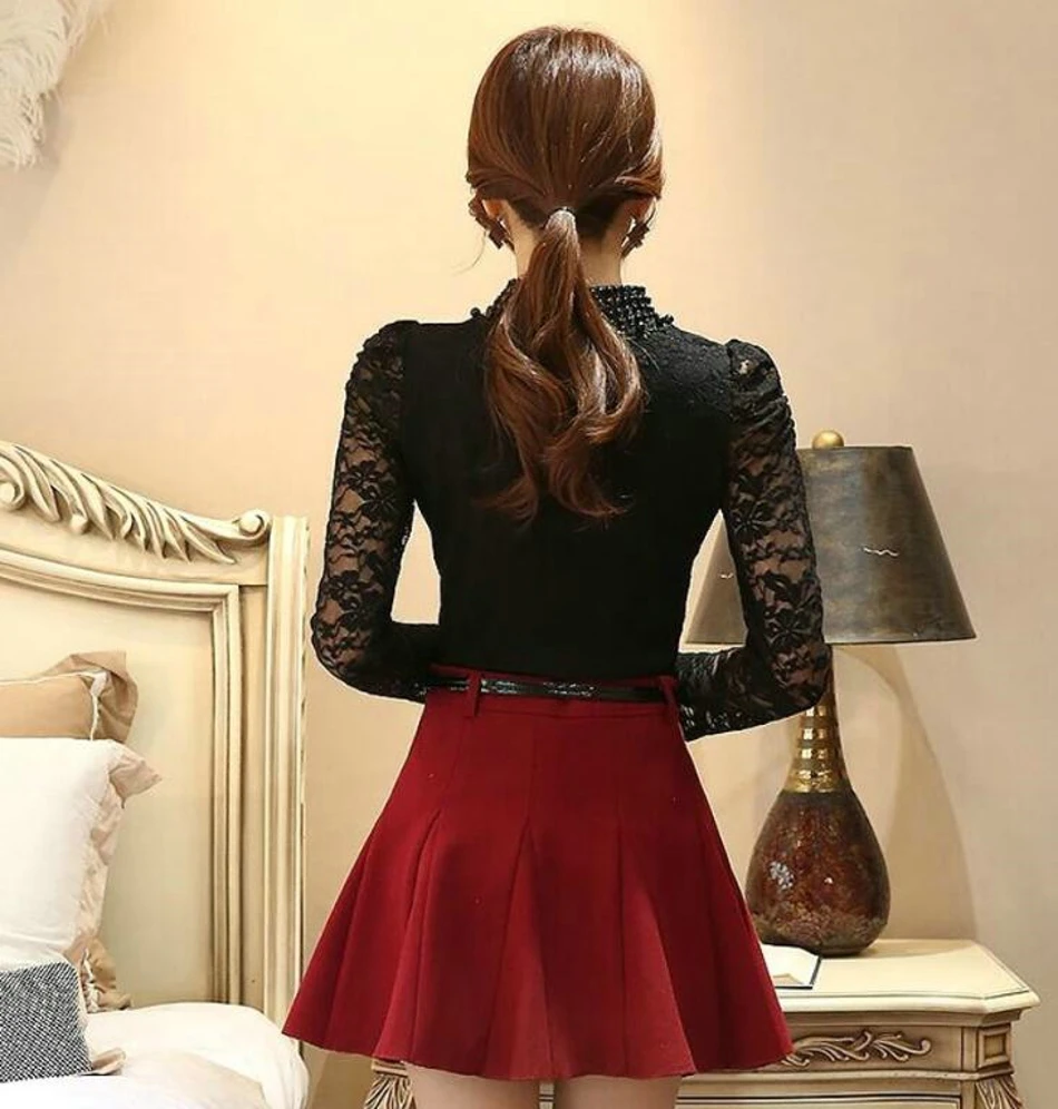 Lace Blouse 2017 Fashion Autumn Women Blouse with Long Sleeve White Studded Beaded Pluse Size Blouses05