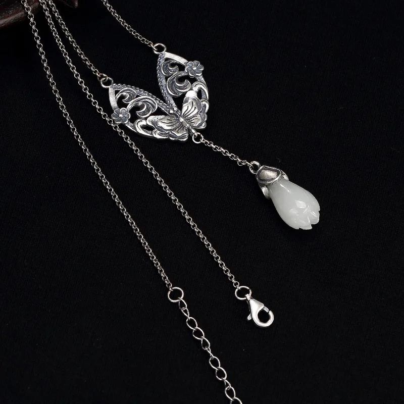 Настоящее чистое серебро 925 Бабочка Подвеска для женщин с натуральными камнями античный ретро нефрит кулон Colgante