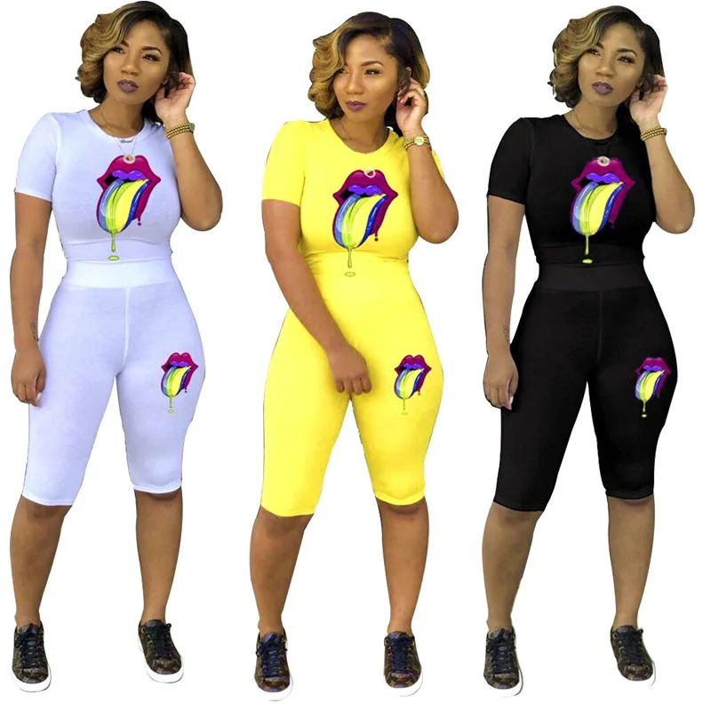 

Summer Women Two Piece Outfits Round Neck Short Sleeve Lip Pattern Slim Top and Solid Color Knee Length Casual Pant 2 Piece Set