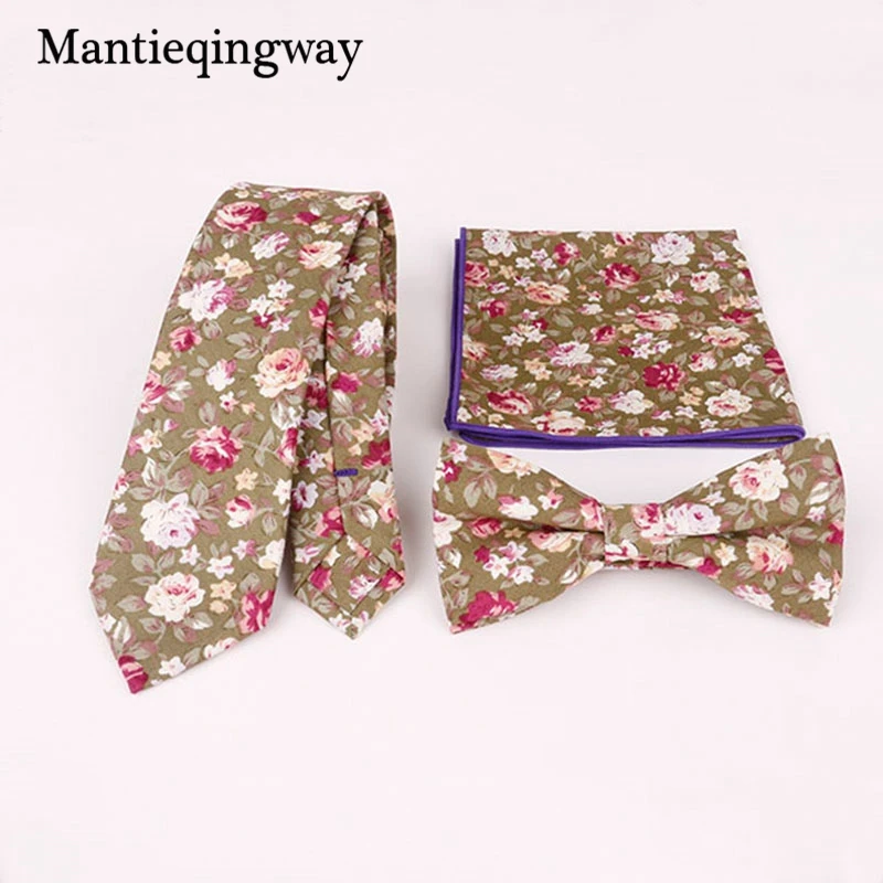  Mantieqingway Mens Tie Floral Cotton Jacquard Necktie Gravatas Corbatas Handkerchiefs Bow Tie Set f