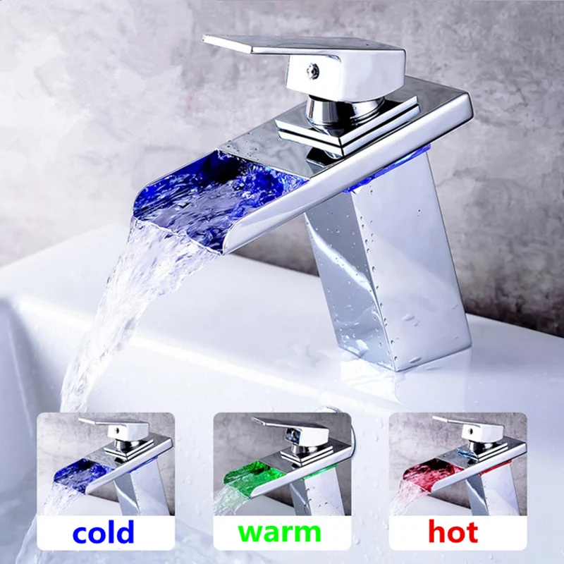 

Bathroom Waterfall Led Faucet. LED light Waterfall Brass Basin Faucet. Bathroom Mixer Tap Deck Mounted basin sink Mixer Tap.