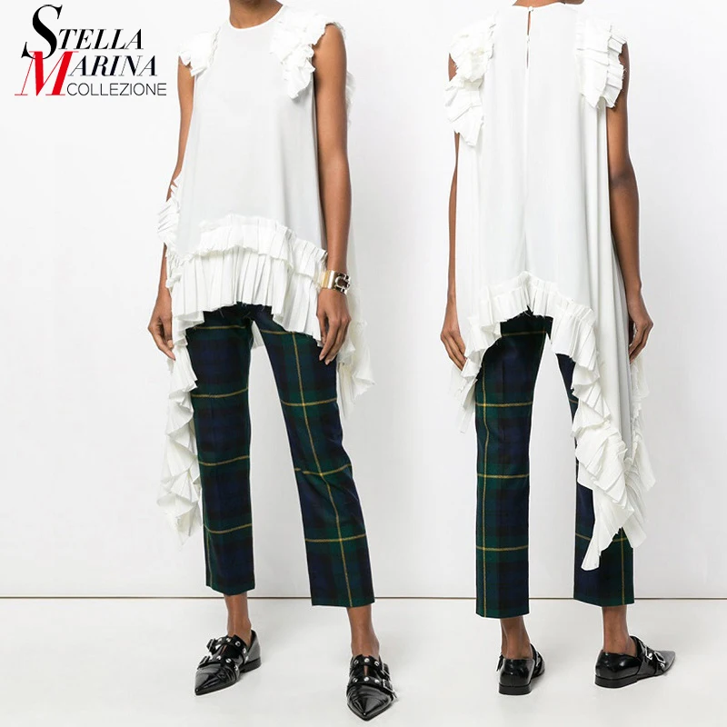 

New 2019 European Fashion Summer Women Solid White Irregular Tee Top Sleeveless Ruffles Hem Girls Hippie Chic T-shirt Style 3659