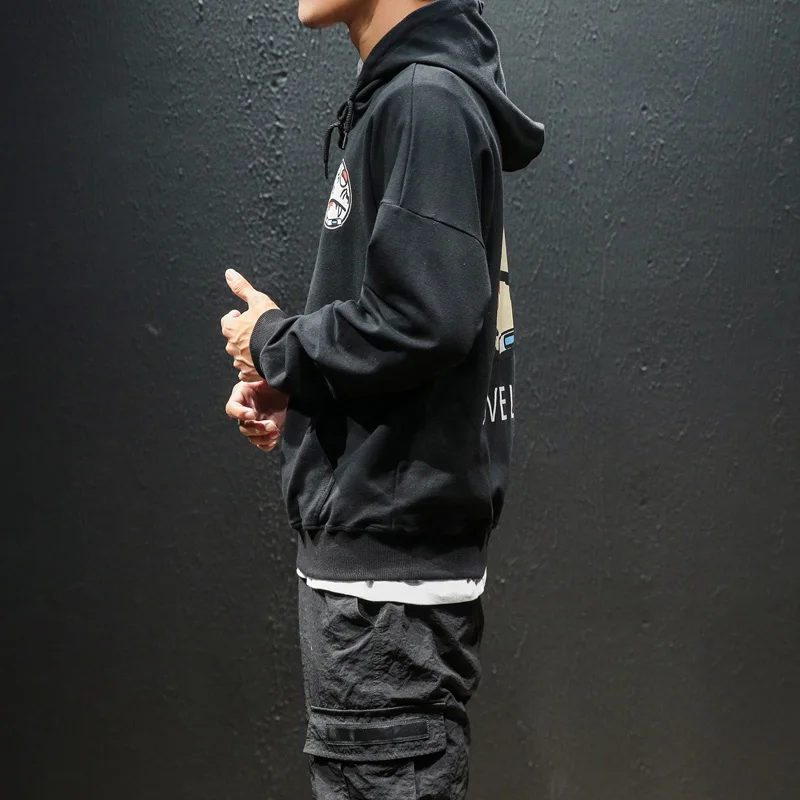 Fashion pattern print loose fit hoodies men black
