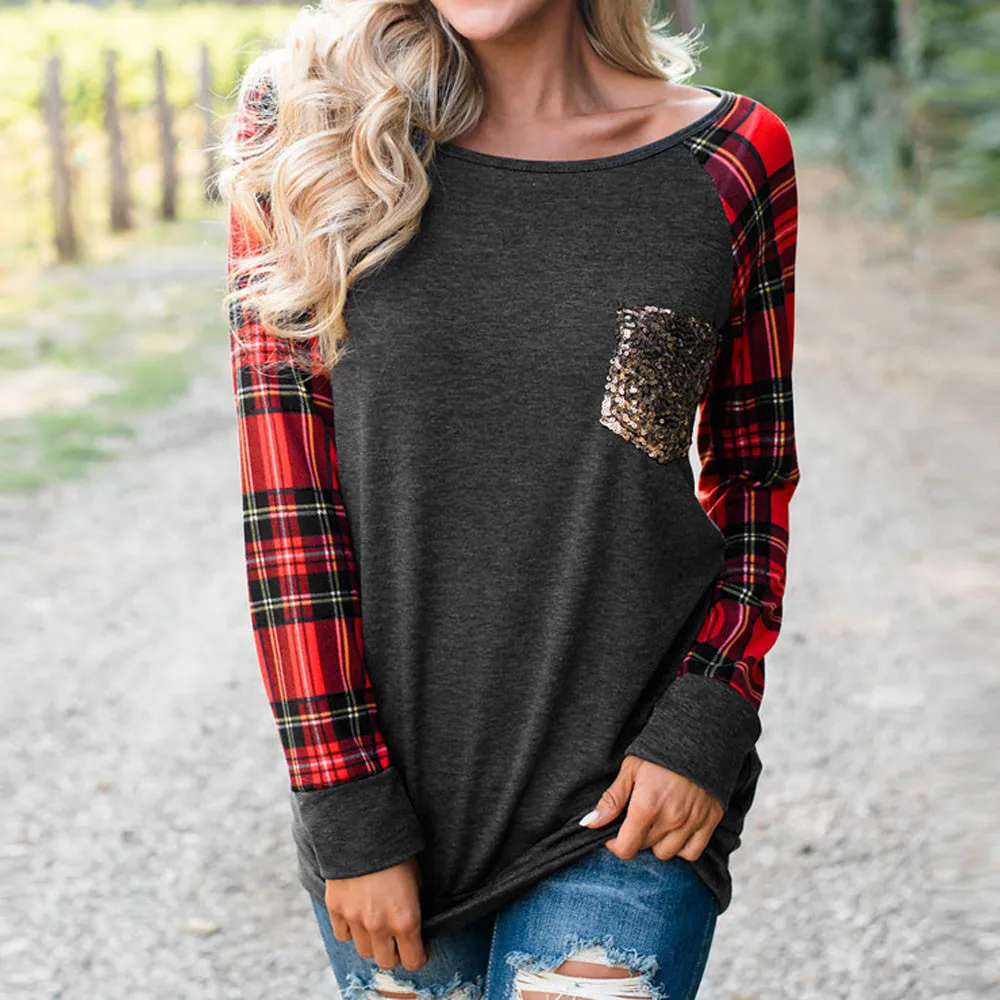 

2018 Women O-Neck Long Sleeve Pullover Lattice Plaid Tops Sequins Pocket Shirt