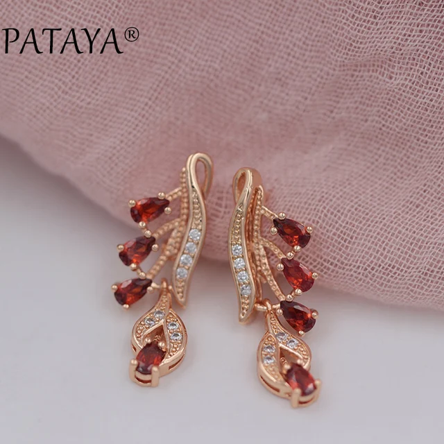 PATAYA Rose Red Long Earrings 585 Rose Gold Natural Zirconia Leaf Design Screw E PATAYA Rose Red Long Earrings 585 Rose Gold Natural Zirconia Leaf Design Screw E