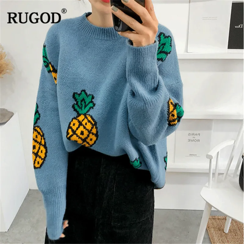 RUGOD جديد أزياء النساء سترة الأناناس الصلبة س الرقبة محبوك الملابس الشتوية عارضة النساء البلوفرات سحب فام hiver