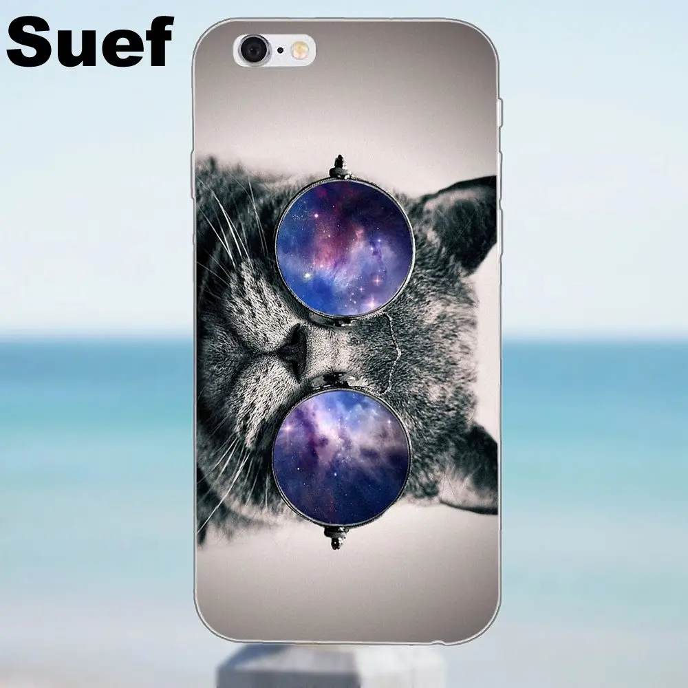 Suef Мягкий ТПУ дизайн кошка с очками для iPhone 4 4S 5 5S 5C SE 6 6S 7 8 Plus X Samsung Galaxy A3 A5 J1 J3 J5 J7 2016