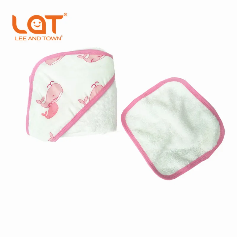  LAT Baby Cotton Eco-Friendly Printed Bath Hooded Towel +Face handkerchief Set Ultra Soft Infant Wra