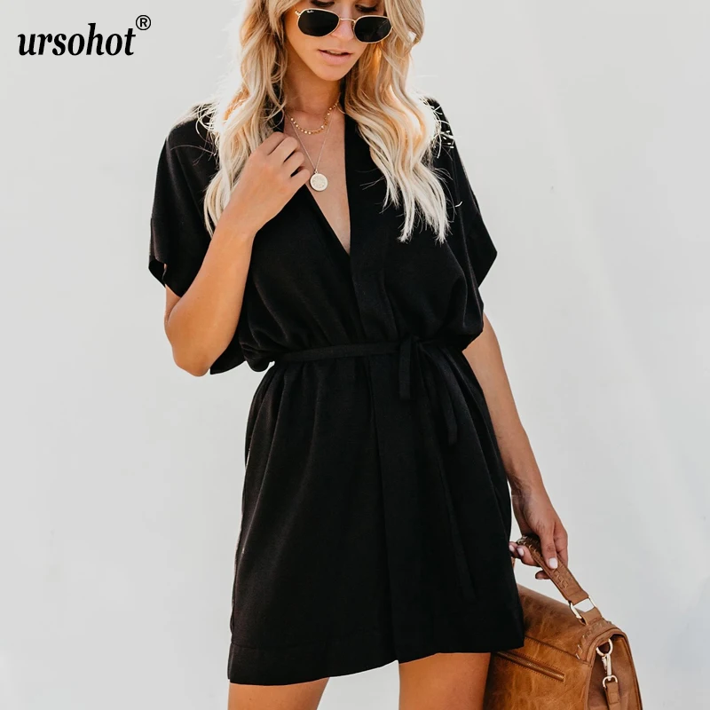 Ursohot/летнее модное хлопковое мини платье с v образным вырезом высокой талией