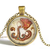  Zodiac pendant necklace glass cabochon antique Bronze Vintage art picture statement necklaces Constellation fashion for women 