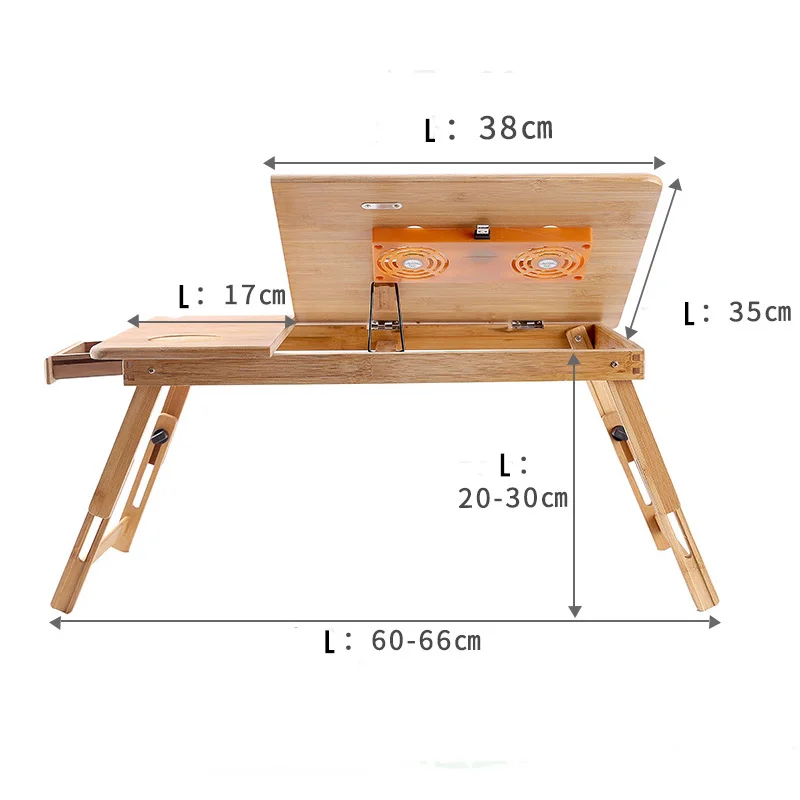 Стол складной Портативный регулируемый Бамбука Подставка для планшета ноутбук стол Тетрадь стол для диван-кровать лоток изучения таблицы с вентилятором - Цвет: Size L With Fan