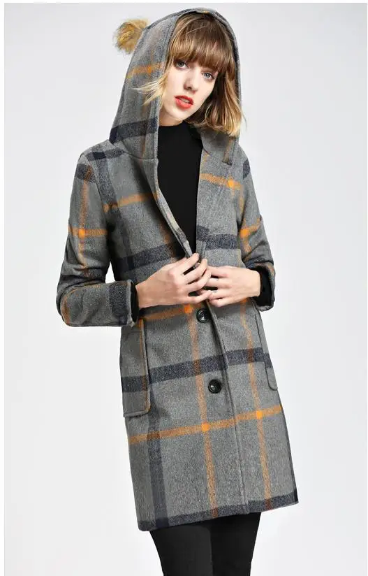 

2018 Europe And The United States In The New Winter Long Hooded Plaid Woolen Coat Woolen Coat Grey Black S-xxL