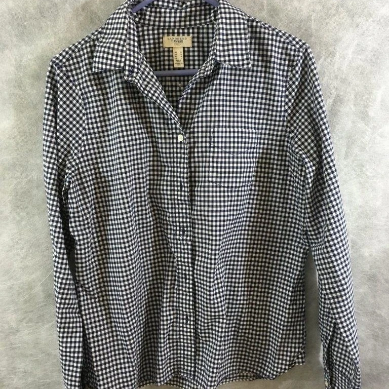 Lands End button down shirt long sleeve Size M blue white check womens