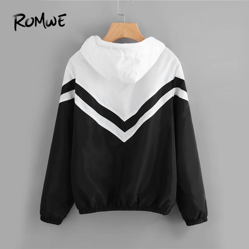 incredible  ROMWE Two Tone Hooded Zip Up Jacket Women Spring Autumn Casual Color Block Clothing Female Black an