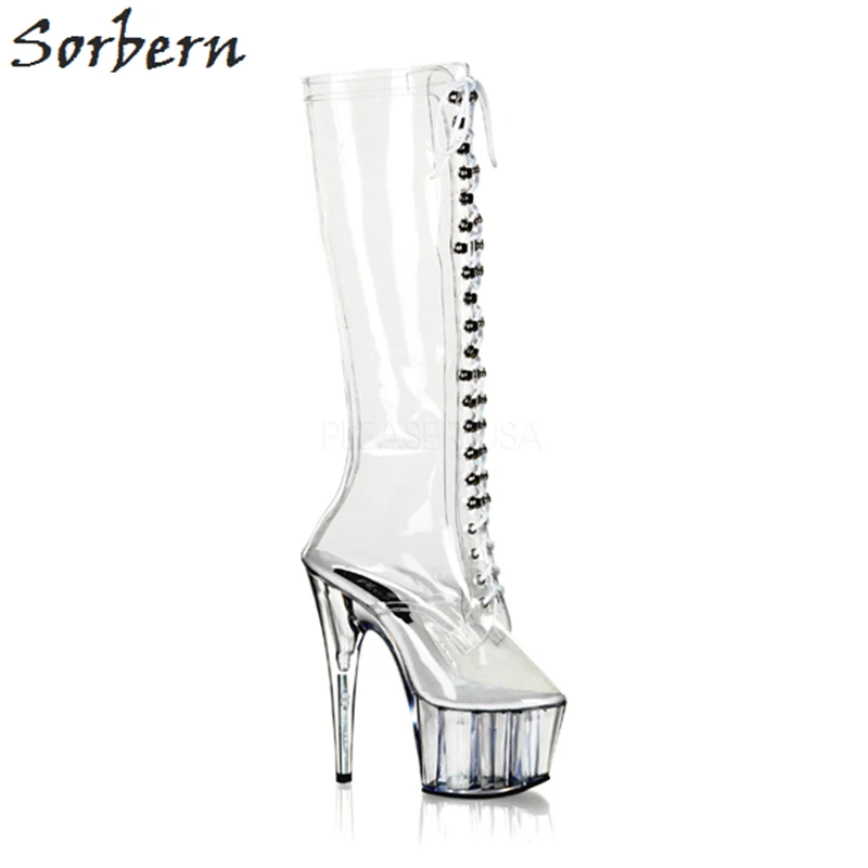 Sorbern/пикантные женские сапоги из прозрачного ПВХ на высоком каблуке со шнуровкой спереди, женские сапоги на шпильках, обувь на платформе, женская обувь, размер 44 - Цвет: Прозрачный