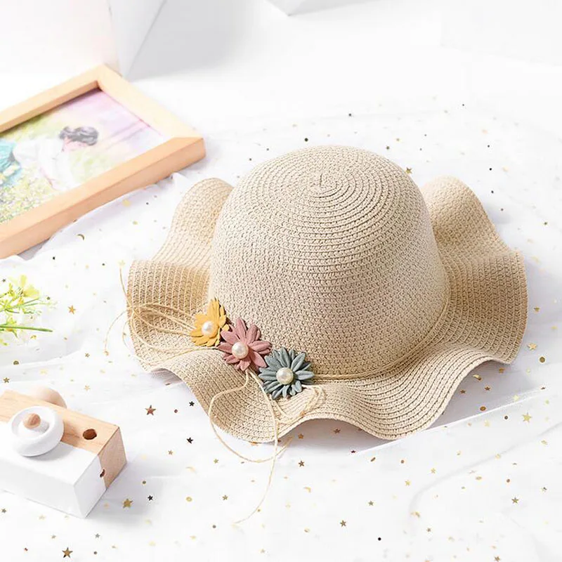 

Fashion Girls Cute Flower Sun Hats Children Girl Handmade Straw Wave Wide Brim Sun Hats Casual Shade Cap Summer Kids Beach Hat