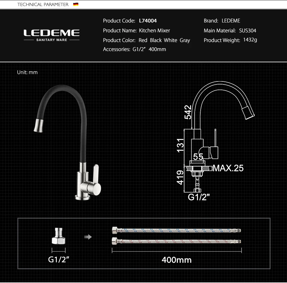 LEDEME Newly Design Kitchen Faucet 360 Swivel Stainless Steel Single Handle Mixer Sink Tap Pull Out Down Chrome Finish L74004