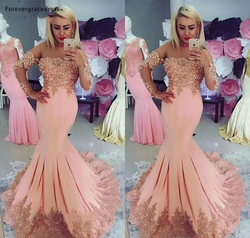 Vintage Pink Long Sleeve Prom Dresses 2019 Mermaid Appliques Sequins Beaded Long Women Occasion Evening Gowns Plus Size  139 (2)