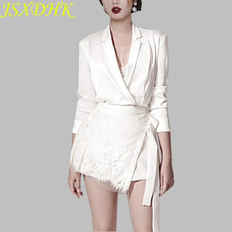 

JSXDHK Spring Women 2 Piece Set 2019 Runway White Silk Sexy Deep V Neck Shirt Blouse Suits + Tie Bow Lace Mini Party Skirt Suits