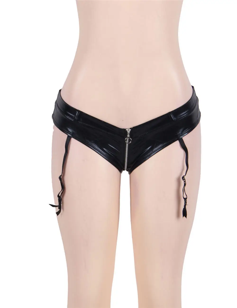 

Sexy Black Wet Look Faux Leather Zipper Open Crotch Brief Boy Shorts with Garter Belt Hot Pants Lingerie Panties Short Plus Size