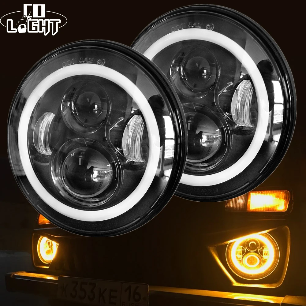  CO LIGHT 7 Inch Led Headlight H4 DRL Round 7'' Headlights with Yellow & White Angel Eye for Jeep Wr - 32797980027