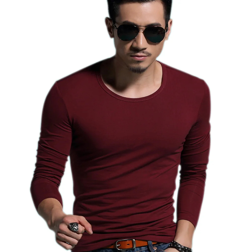Мужская футболка с круглым вырезом и длинным рукавом, повседневный однотонный пуловер, базовые футболки, весна-осень, топы AIC88 - Цвет: Красный