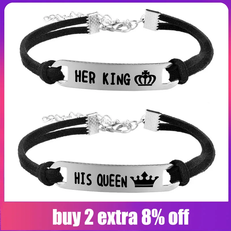 Браслет из нержавеющей стали с надписью Her King His Queen пара ювелирных изделий корона