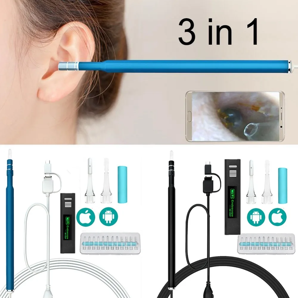 

3 IN 1 WIFI HD Visual Ear Spoon Endoscope Earpick With 5.5mm USB Mini LED Camera Pen Earwax Cleaning Inspection Tool #275357