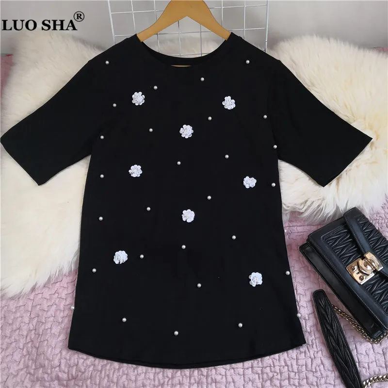 

LUOSHA Women 2019 Summer 3D Appliqued Flower Beaded Cotton Tshirt Women Tops And Tees Loose Stylish T-shirt Top Femme