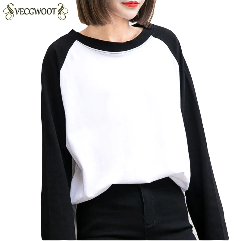 

Patchwork Striped Summer 2019 New Short T Shirt Black White O Neck Long Sleeve Top Fashion Cotton Women Casual Street UX64