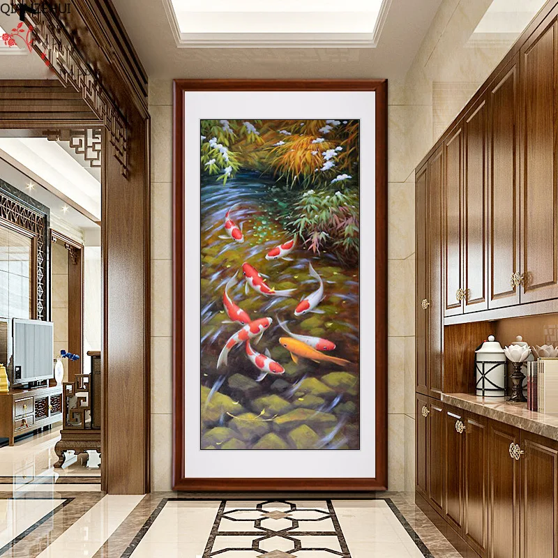 

QIANZEHUI,Diamond Embroidery,Round Diamond Water and wealth nine fish Full rhinestone Diamond painting cross stitch,needlework