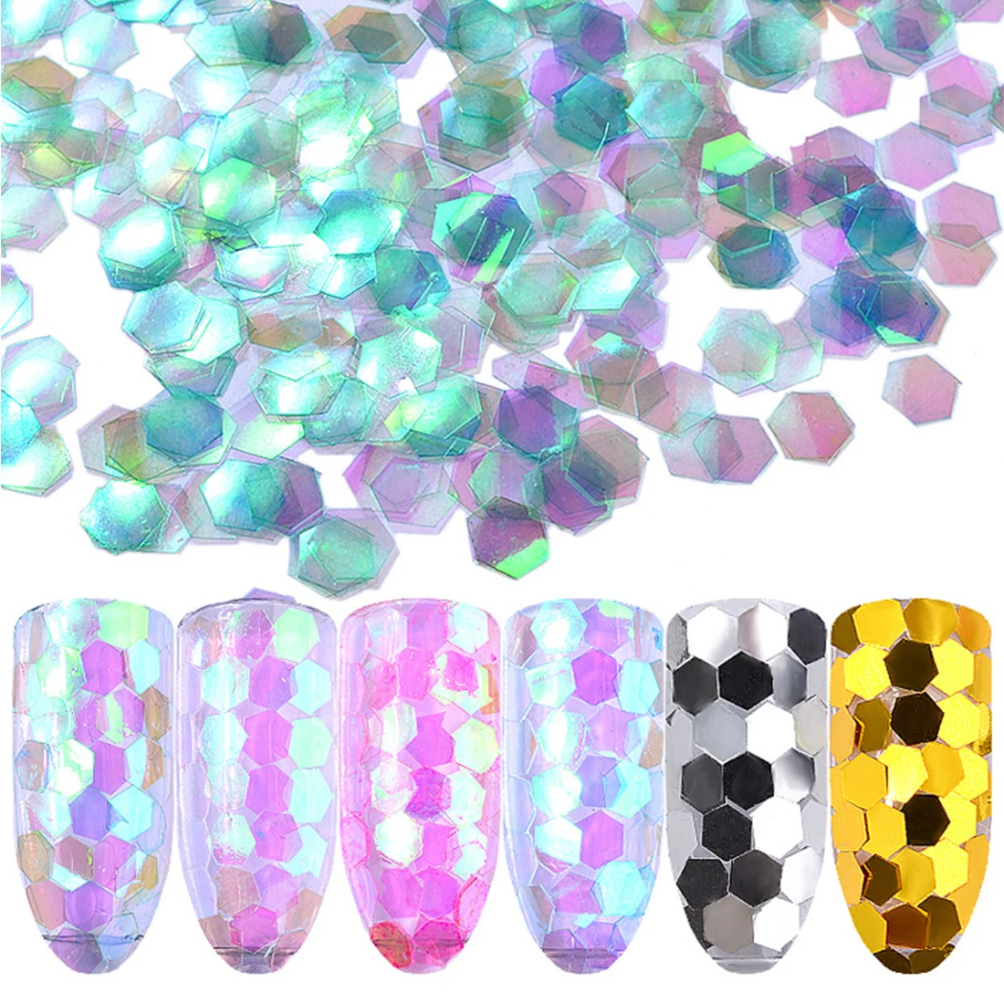 

Semi-transparent Chromatic Hexagon Nail Sequins Mermaid Flake Nail Art Glitter Lucency Manicure Decorations Chunky Paillette
