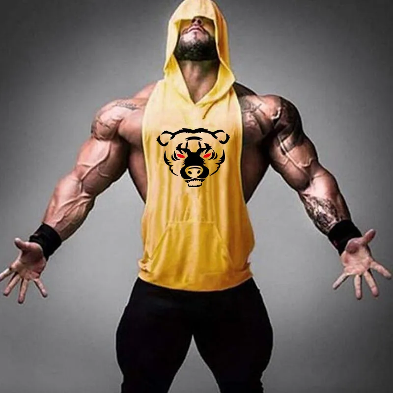 

2019 new brand sleeveless shirt gym training hooded vest men's bear cubs printed vest vest bodybuilding workout clothes