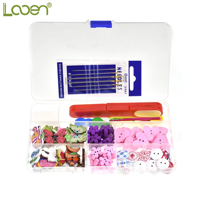 

Looen Mix 100pcs Wooden Buttons Heart Animals Pattern 2 Holes Decorative Buttons Sewing Needles Scissors With Box For Women Gift