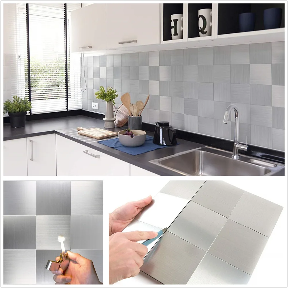 

5PCS 12 Inch Square Peel and Stick Tile Backsplash for Kitchen Bathroom Stove Walls Self-Adhesive Silver Metal Mosaic Tiles