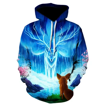 

Men and women 3D animal print hip-hop fun street wearing hoodie lovers, luminous antler fox Wolf casual hoodie