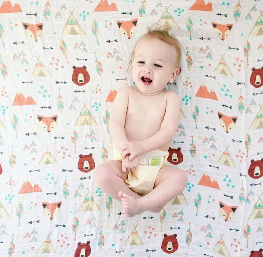 

70% bamboo +30% cotton Baby muslin blanket baby swaddle Cartoon Printed Cotton Baby Blanket infant bath robe