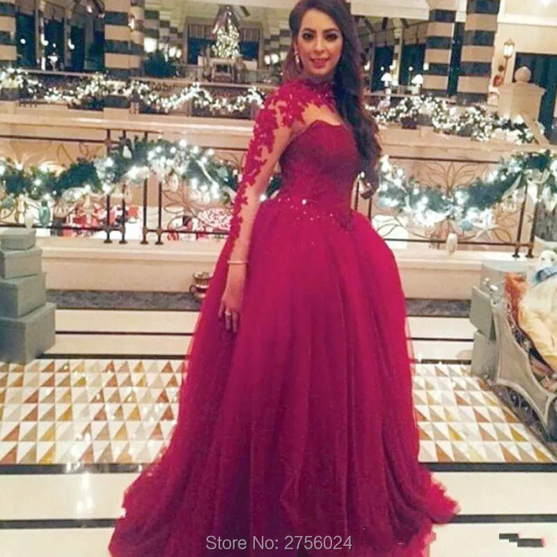 Long Sleeves Evening Dresses 2017 Newest Custom Made Formal Gowns Tulle Appliques Vintage Winter Pageant Prom Dress | Свадьбы и