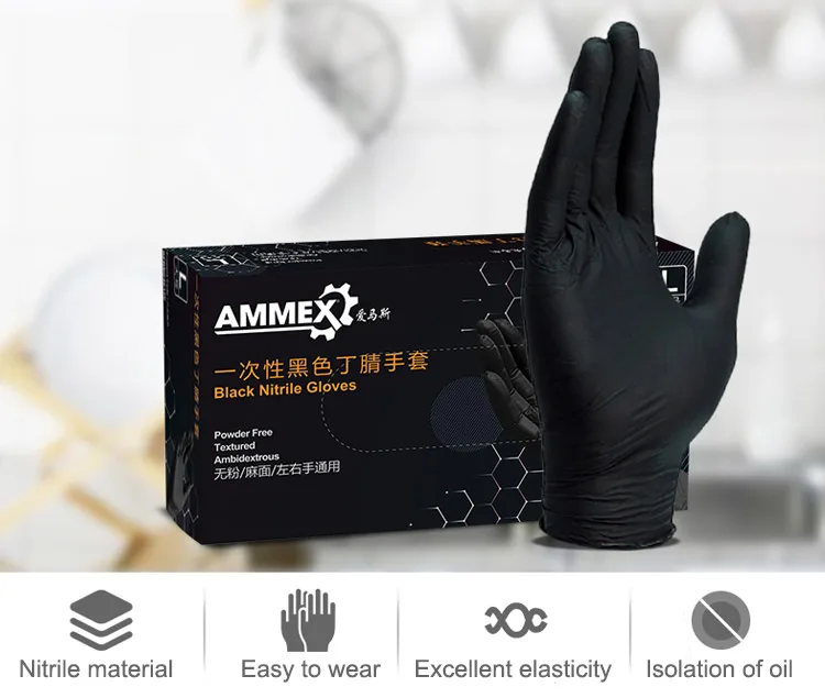 AMMEX CPNBC Disposable Work Gloves Black 100pcsBox Nitrile Non-Slip Waterproof Boxed Tattoo Laboratory Chemistry Protective (1)