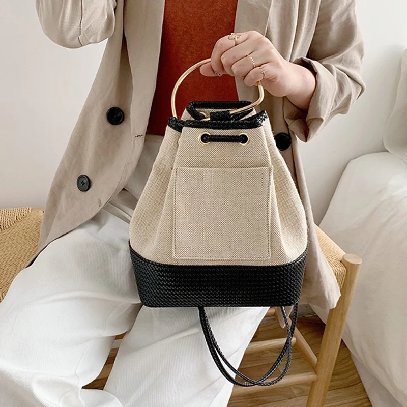 

Summer Women Canvas Cotton Bucket Bag Handbag Small Rucksack Bag PU leather Shoulder Bag Ladies Fashion Drawing String Beach Bag