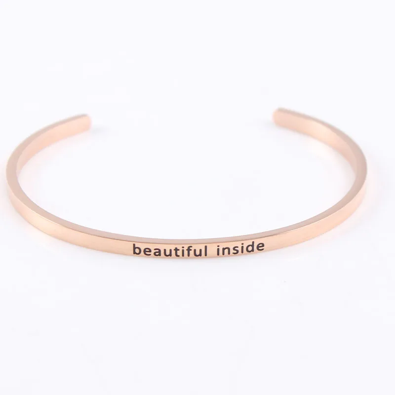 

"Beautiful inside" Stainless Steel Engraved Positive Inspirational Quote Cuff bracelet Gold Mantra Bangle for women