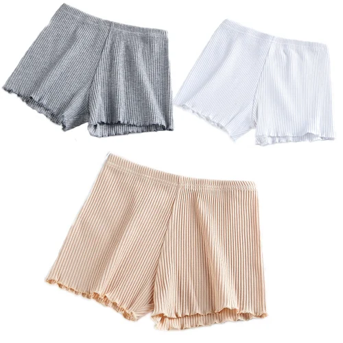 3pcs/lot Women Girls Summer Safety Pants Thread Ribbed Striped Seamless Stretchy Underpants Solid Color Ruffled Hem Boxer Shorts - Цвет: Grey White Skin