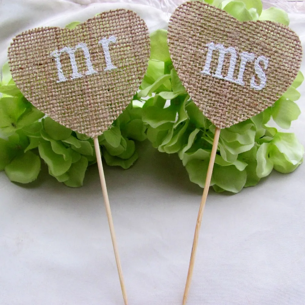

Rustic Vintage A set of Mr Mrs Hessian Burlap Flowers on a stick for Wedding Decoration