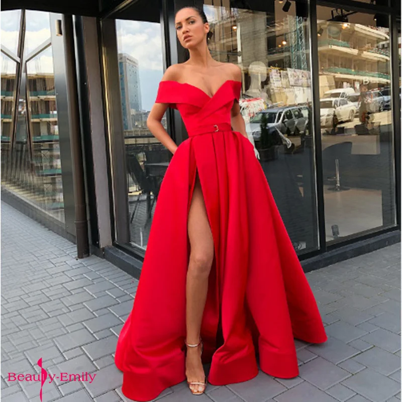 Beauty Emily Long Red Sexy Evening Dresses For Wedding Off The Shoulder Pleated Ball Gowns Party Dress High Split Backless Gowns