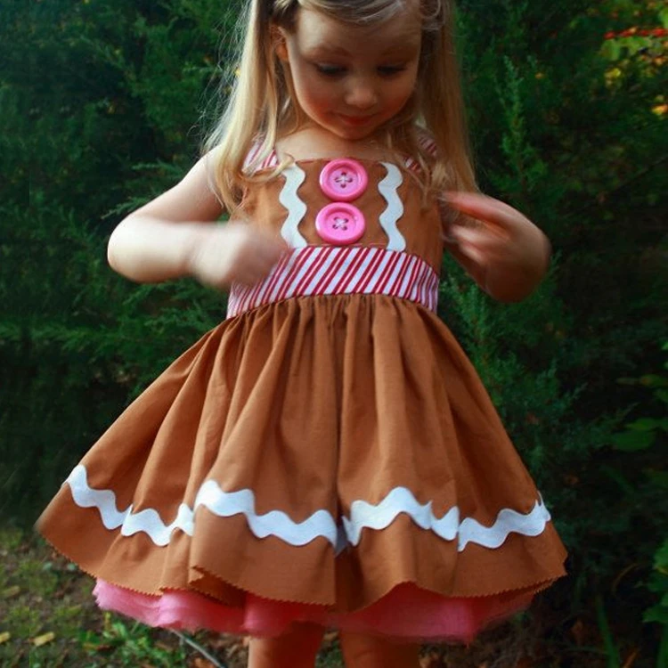 Новинка года; детское платье с пряниками для девочек; Летнее Детское Платье До Колена на бретельках для рождественских праздников; повседневное плиссированное платье с декоративными пуговицами