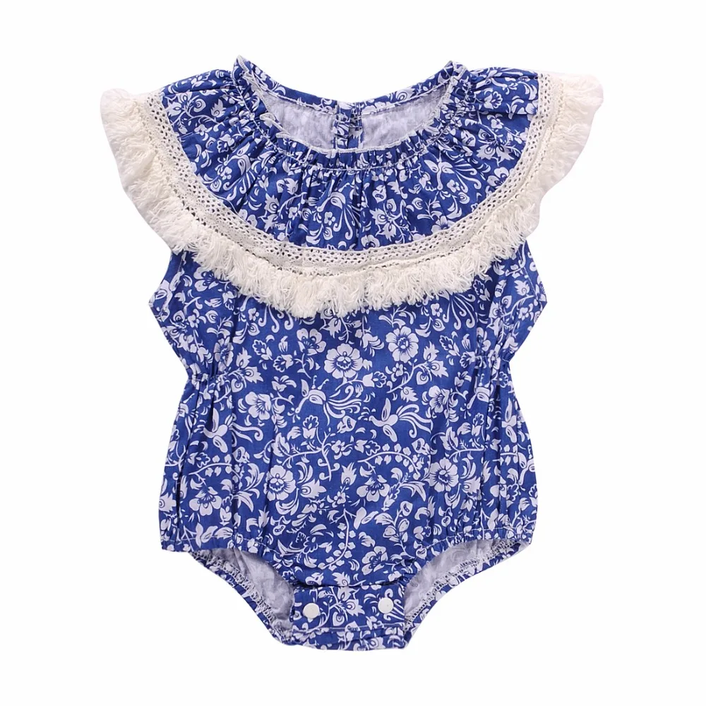 2018 Floral Newborn Baby Girl Romper Summer blue and white tassel