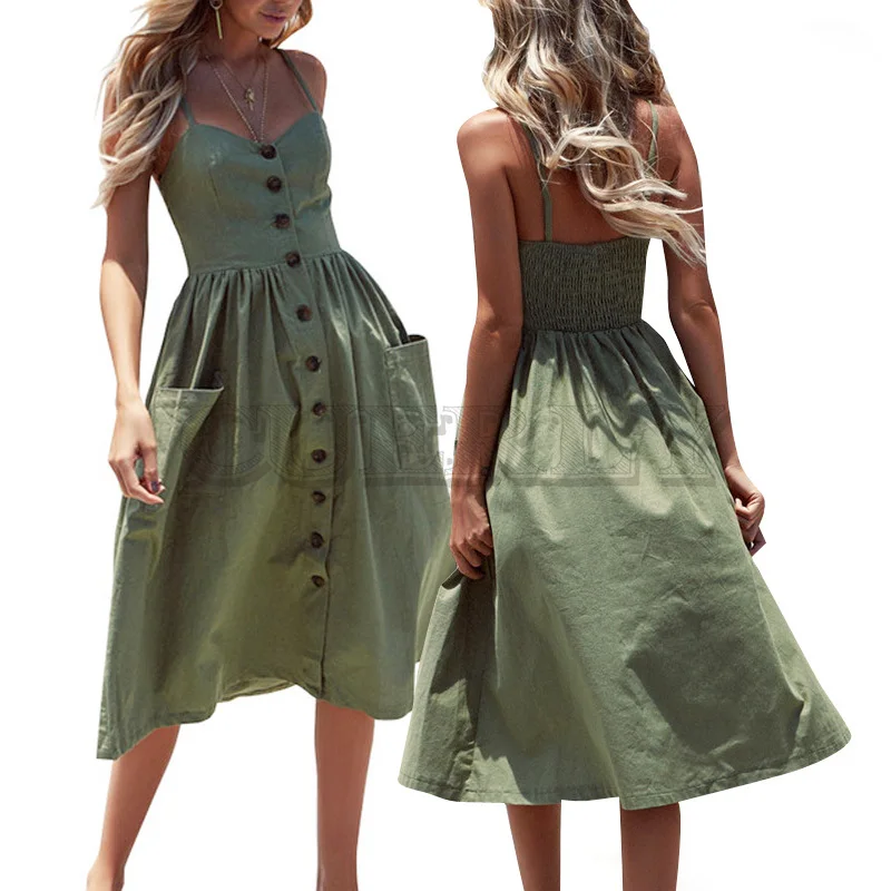 Image 2019 Women Summer Dress Casual Vintage Sundress Sexy Dress Midi Button Backless Polka Dot Striped Floral Boho Beach Dress Female
