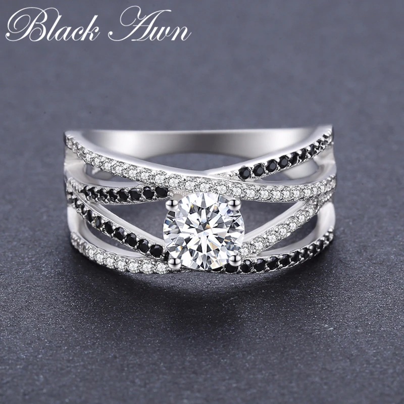 New Arrival Authentic 925 Sterling Silver Women Rings White/Black Zirconia 925 Silver Rings Fine Jewelry Gift Bague C012