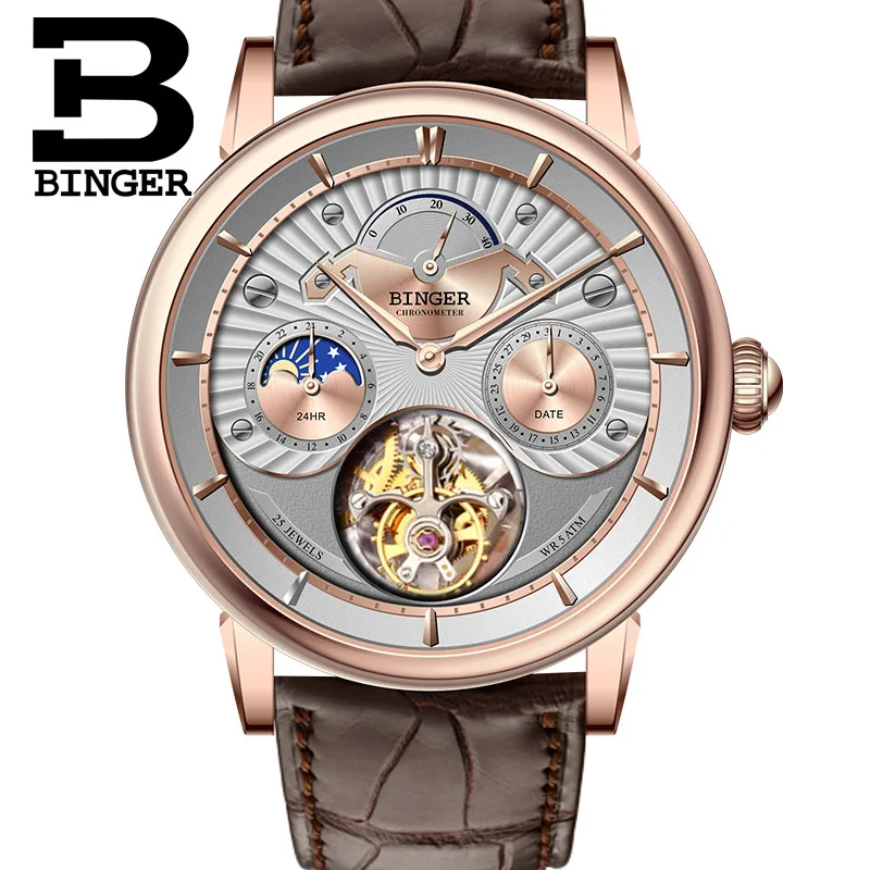 Высококачественные деловые часы BINGER Seagull Tourbillon, механические часы с крокодиловым кожаным ремешком, сапфировые Мужские автоматические часы - Цвет: 12