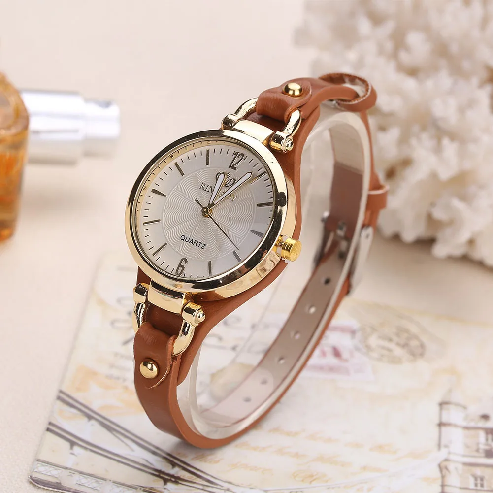 Women Casual Watches Round Dial Rivet PU Leather Strap Wristwatch